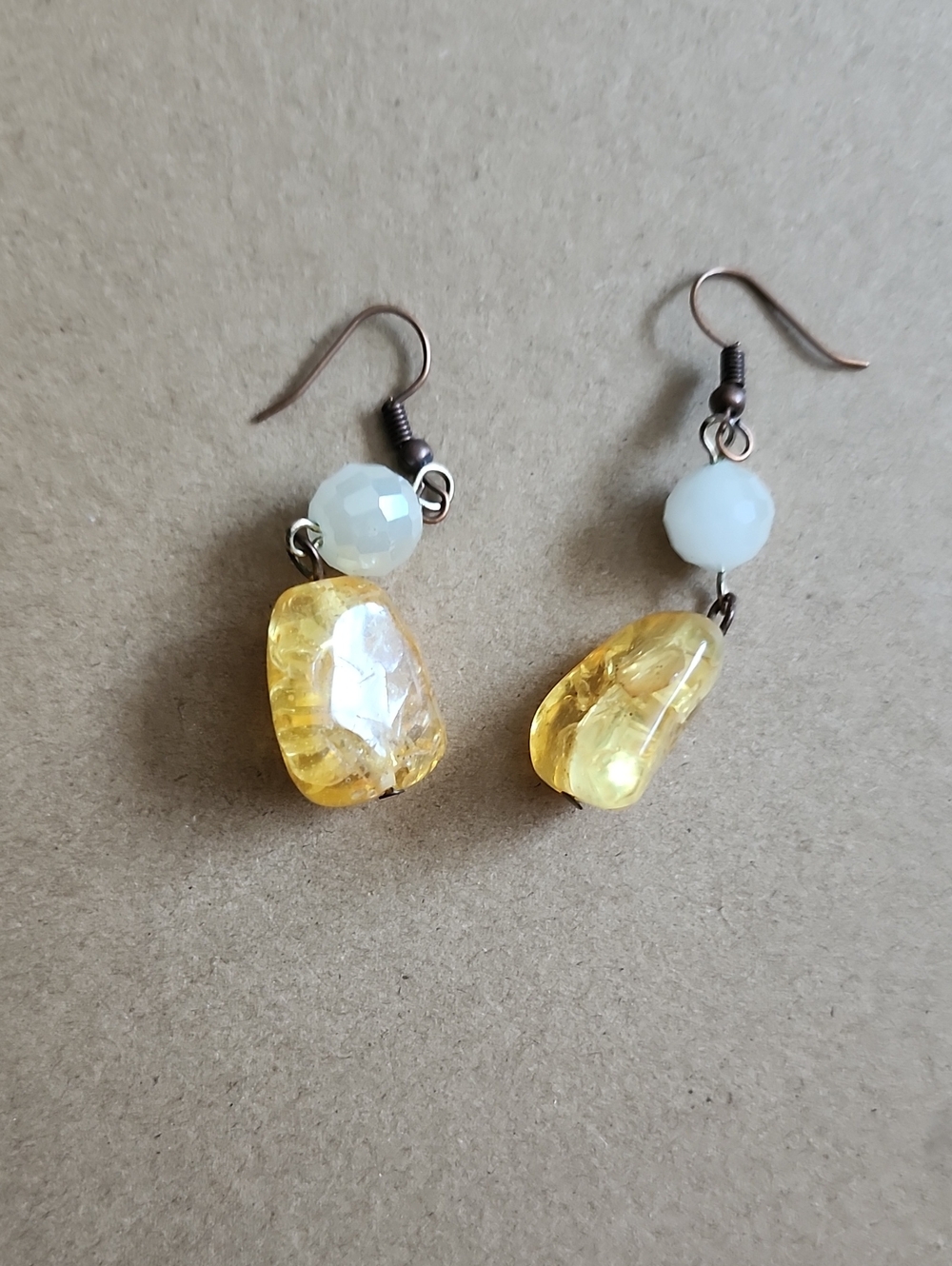 Yellow Glass Drop Earrings with White Accent Bead